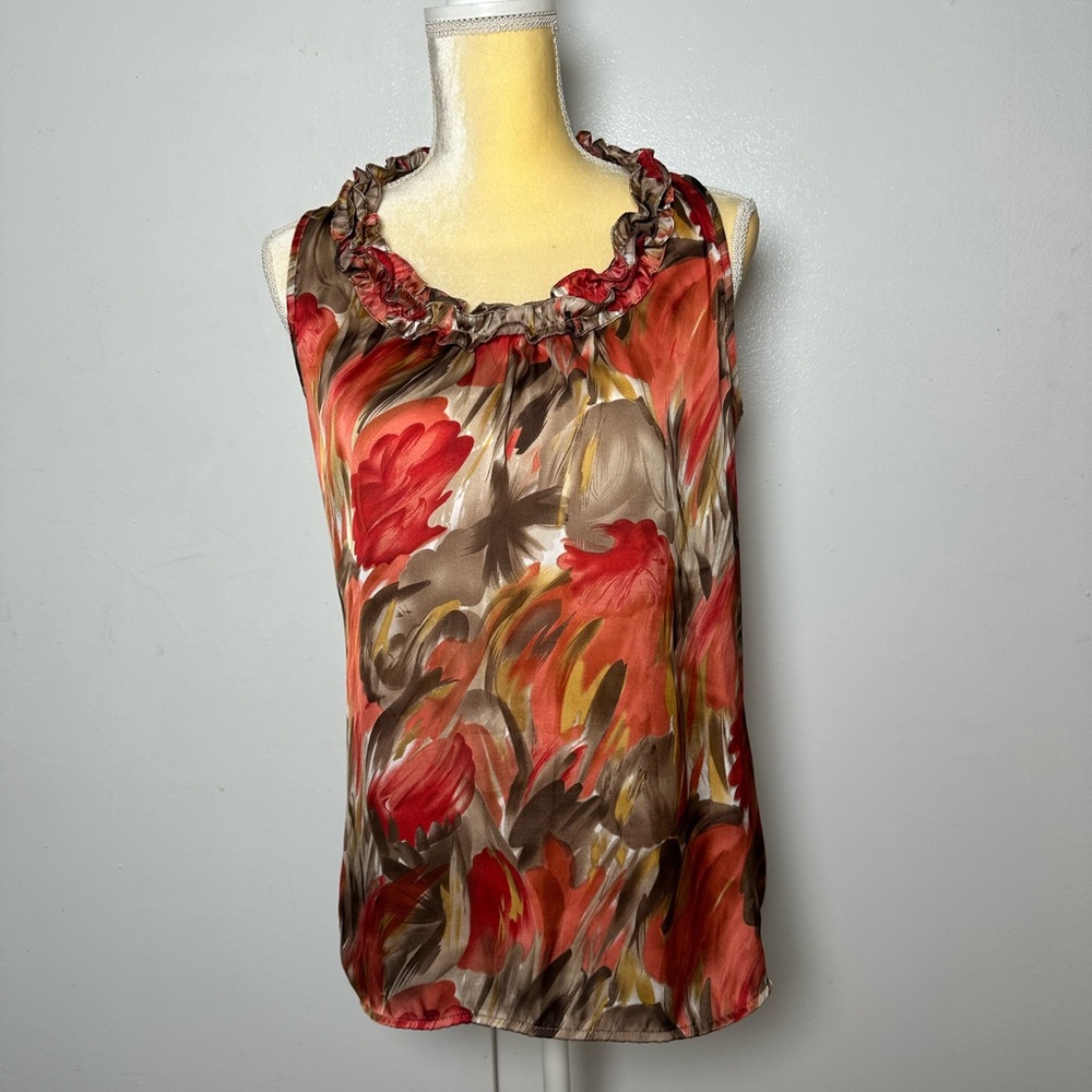 Elementz Coral and Brown Floral Ruffle-Trim Camisole Sz M